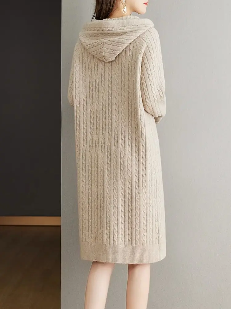 Spring and Autumn New Fried Dough Twists Knitting Long Over The Knee Hooded Dress Women's Loose Sweater Bottoming Baita Dress