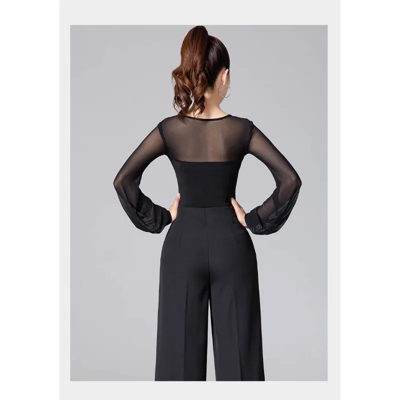 Women Plus Size S-3XL Black Long Sleeve Latin Dance Top With Chest Pads Modern Ballroom Tango Practice Leotard Regular Fit