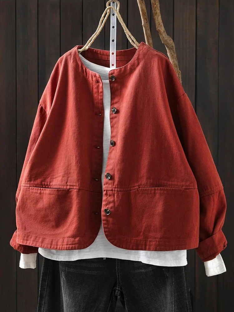 Abrigos informales de manga larga para mujer, chaquetas básicas de algodón con cuello redondo de estilo Simple, Color sólido, novedad de 2025, M2176