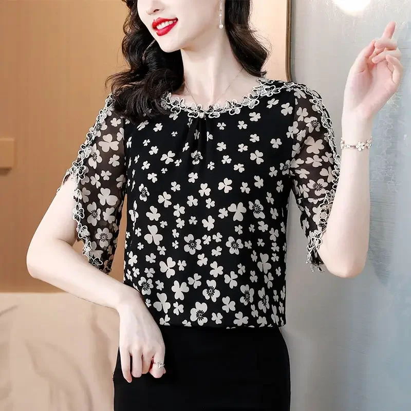 Korean Fashion Summer Women's Round Neck Printing Bow Bright Line Decoration Elegant Short Sleeve Loose Chiffon Shirt Tops LU261