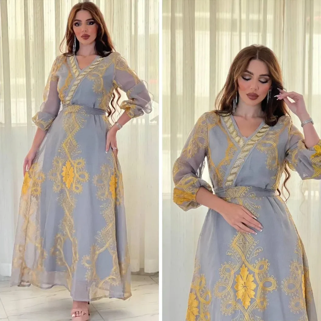 

Embroidery Muslim Dress Dubai Arabia Jalabia Party Dress Temperament Banquet Dress Light Luxury Ironing Diamond Abaya for Women