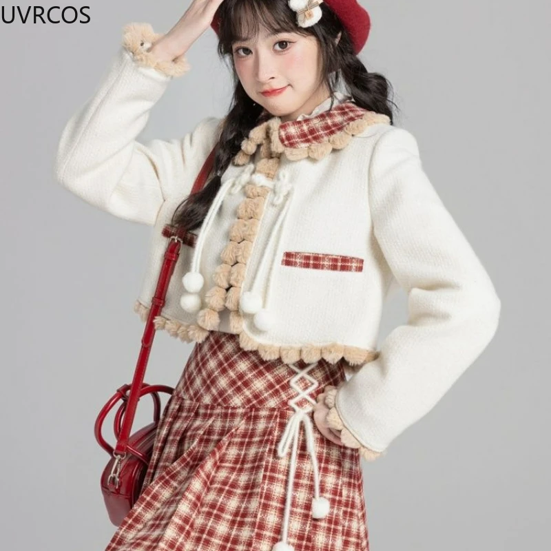 Winter Christmas Women Red Matching Set Sweet Short Jackets Coat Plaid Plaeted Skirt Suit Korean Fashion Lolita Y2k Club Outfits