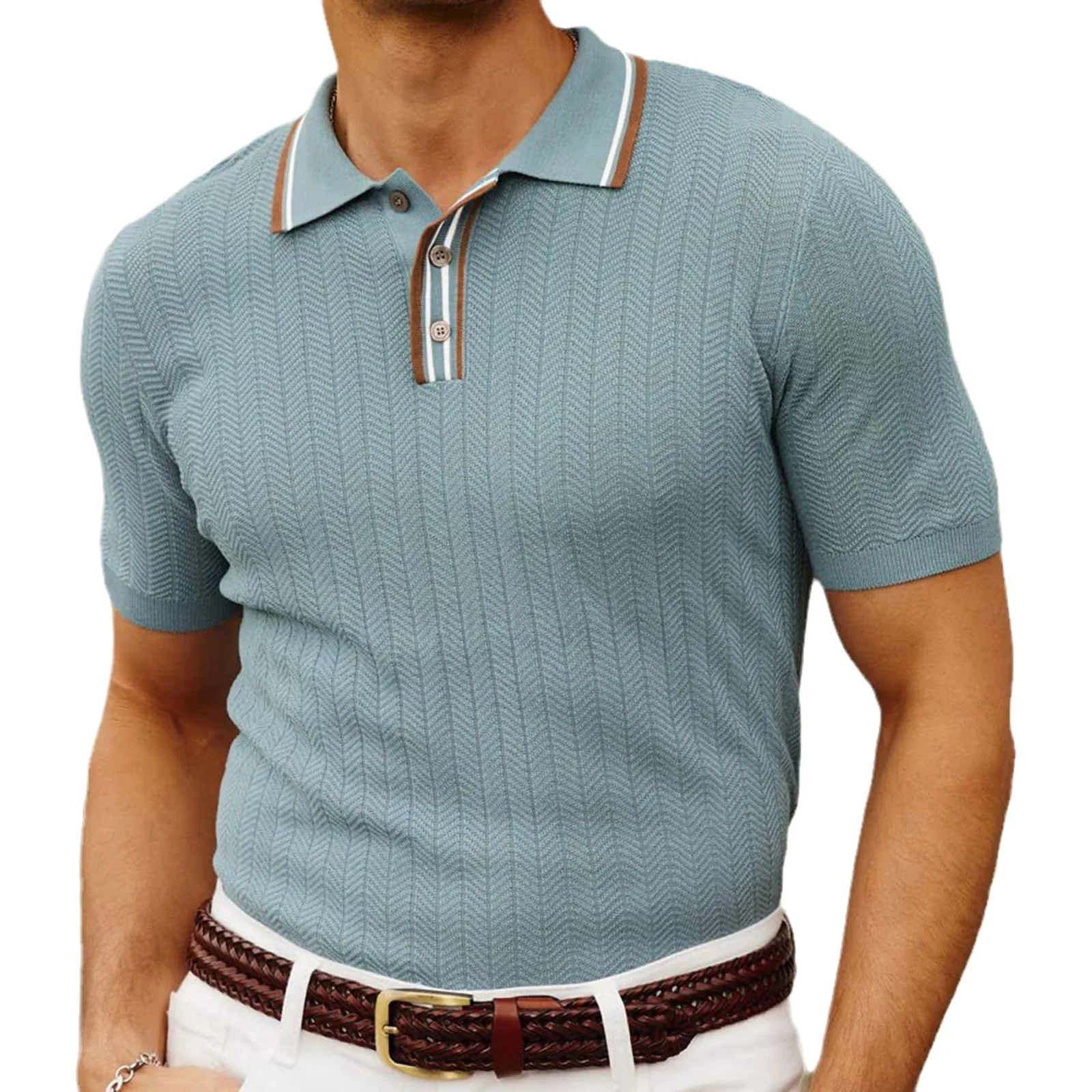 Men's Luxury Fashion Summer Short sleeved Men's British Knitwear T-shirt Top Ice Cool Silk Woolen Woven Business Polo Shirt