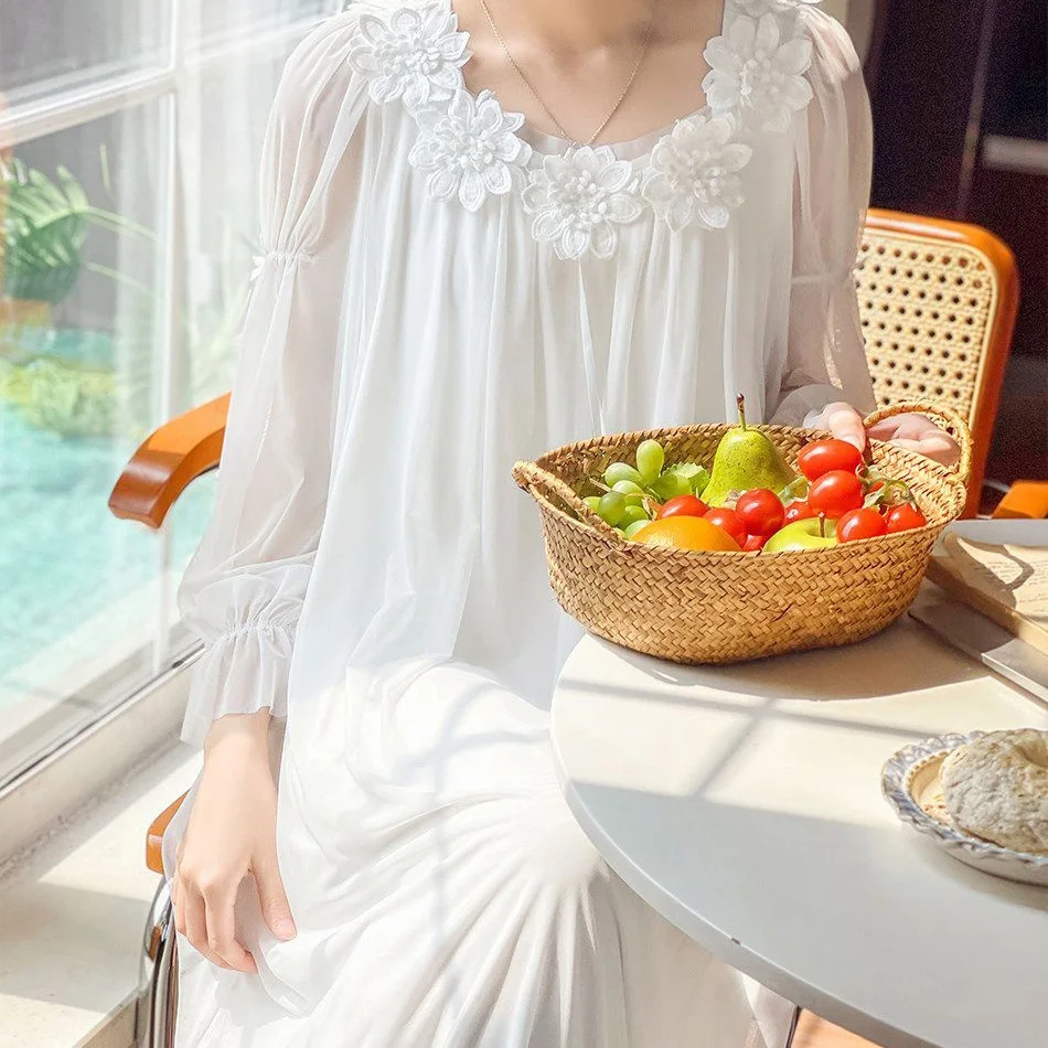 White Flower Fairy Princess Sleepwear Long Sleeve Mesh Pajamas Nightgowns for Women Autumn Spring Vintage Nightdress Home Suit