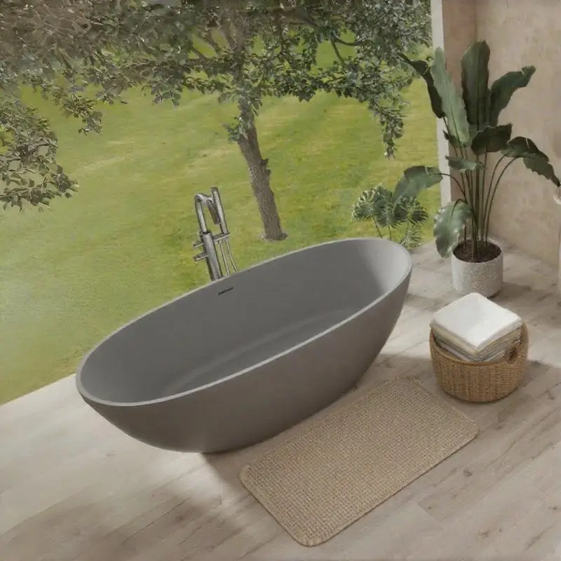 

65" Freestanding Solid Surface Soaking Bathtub, Handcrafted Stone Resin with Overflow Drain, Matte Grey Finish, Luxury Design