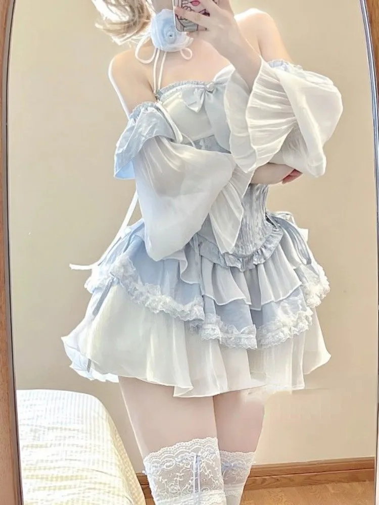 Korean Sexy Kawaii Long Sleeve Off Shoulder Dress Women Slim Waistband Corset Lolita Dresses Sweet Ruffle Bandage Lace Vestidos