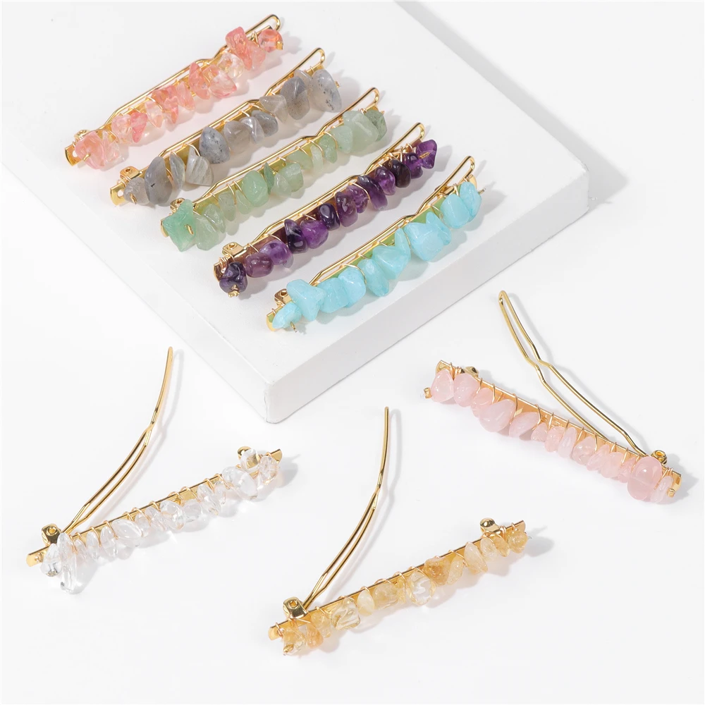 Natural Crystal Hair Clips For Women Girl Chip Stone Hairpins Pink Quartzs Amethysts Bridal Barrettes Headwear Hair Accessories