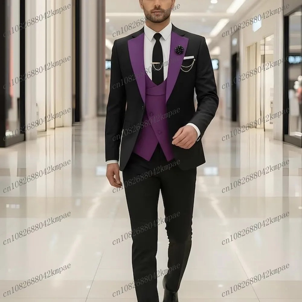 جديد الأسود والأرجواني بدلة رسمية للرجال العريس وصيف حفل زفاف حفلة موسيقية الأعمال الذكور البدلات الرسمية 3 قطعة مجموعة السترة سترة السراويل #1