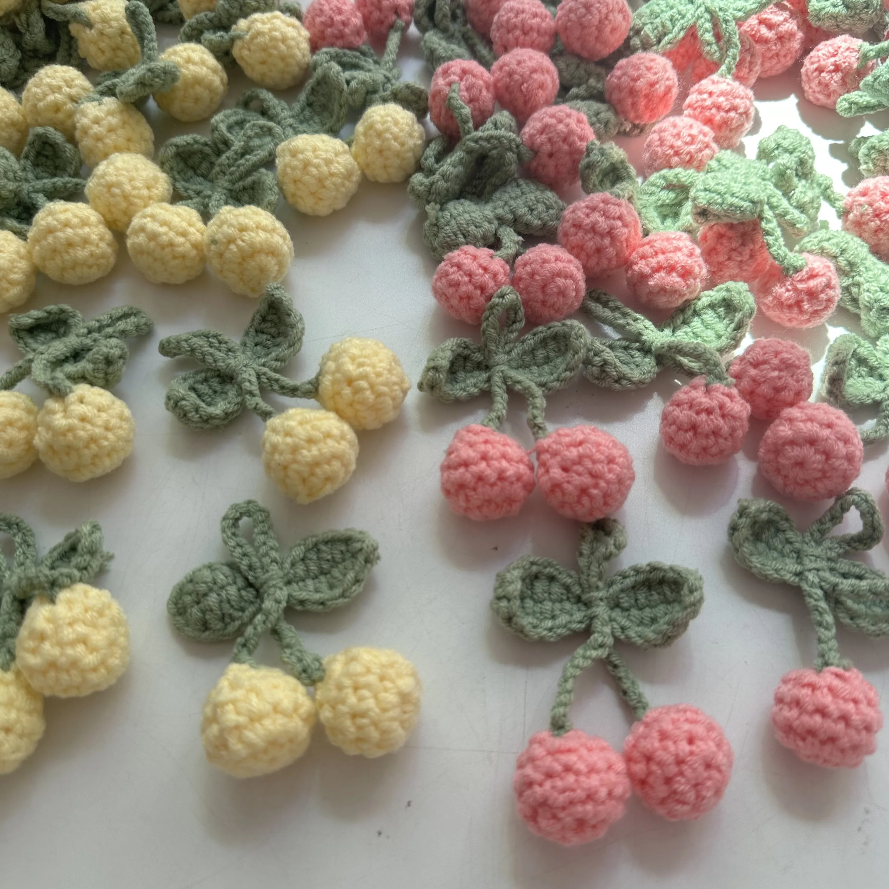 Cotton Hand-knitted Woolen Green Leaf Red Pink Crochet Flowers Cherries Crafts DIY Hair Hat Bag Key Ring Clothing Accessories