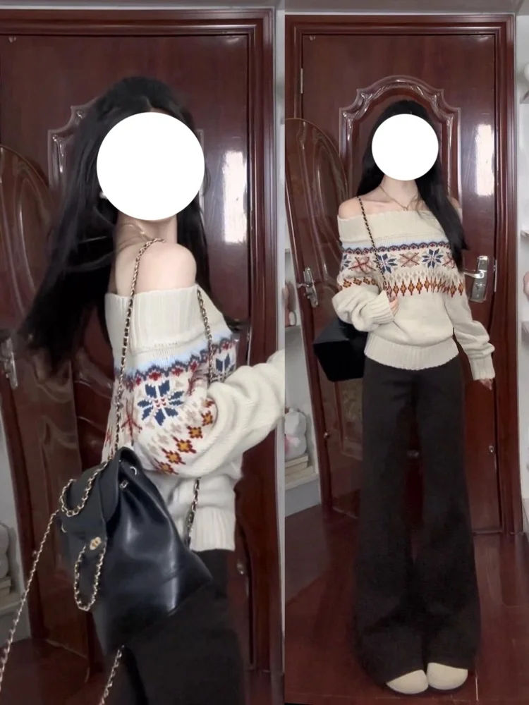 Sweter damski w stylu retro Fair Isle z odkrytymi ramionami, luźny, swobodny, z odkrytymi ramionami, dzianinowy top w stylu forest system na jesień i zimę.