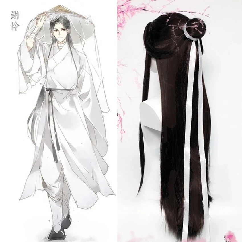 Perruques noires longues pour hommes, Costume de Cosplay Xie Lian, cheveux synthétiques noirs Tian Guan Ci Fu Hanfu, chignon détachable, ruban blanc pour hommes