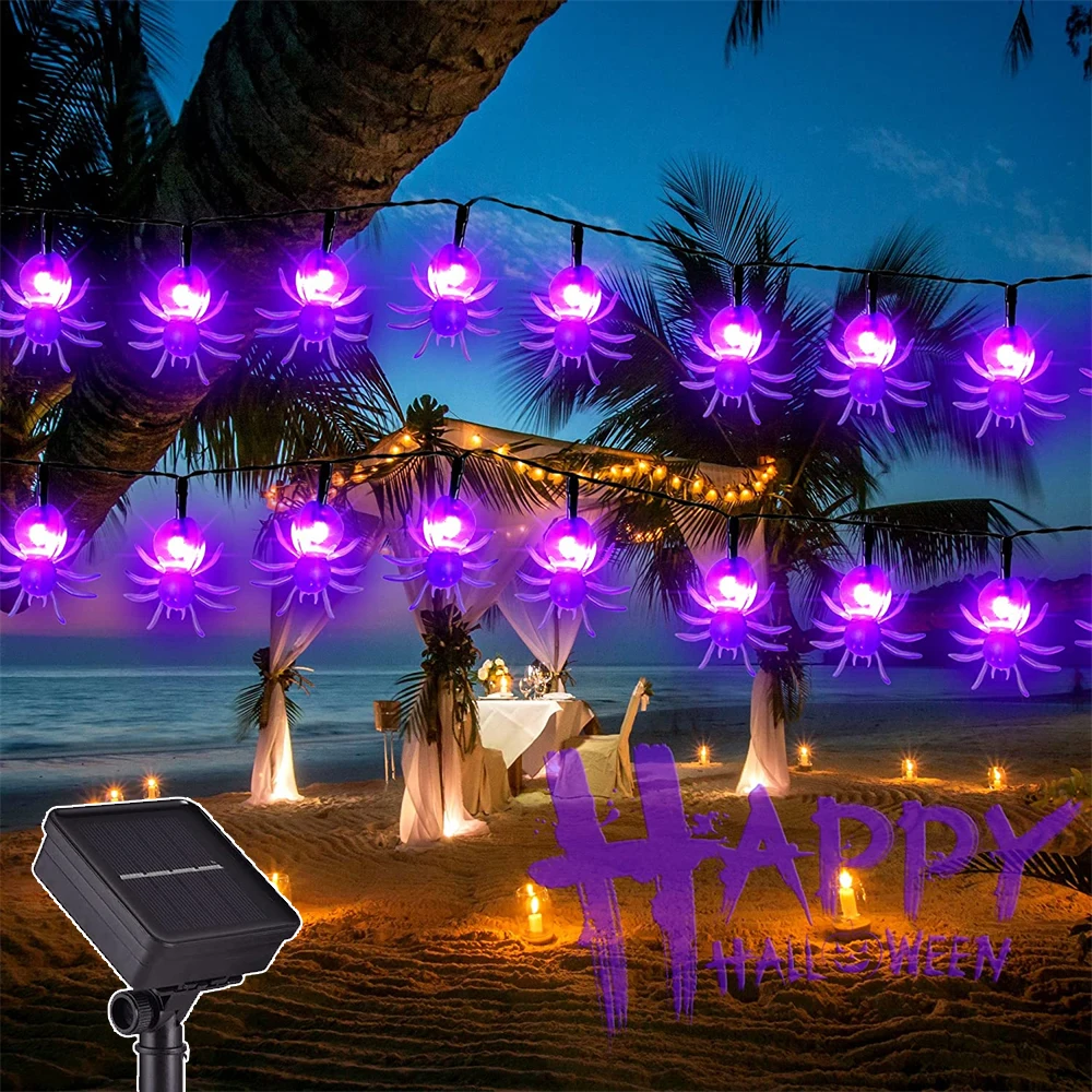 

50/30/20leds Solar Spider Lights String Halloween Purple Spider Lights for Christmas New Year Party Garden Courtyard Wall Decor