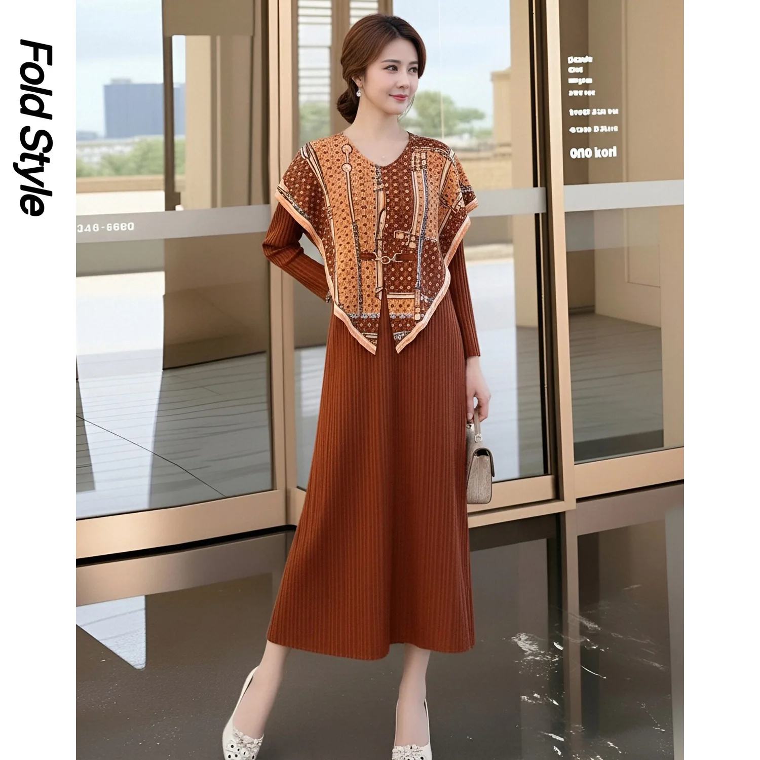 

Miyake длинное платье с v-образным вырезом в стиле ретро, свободное платье с длинными рукавами и принтом, новинка 2025, плиссированное длинное платье, женская одежда