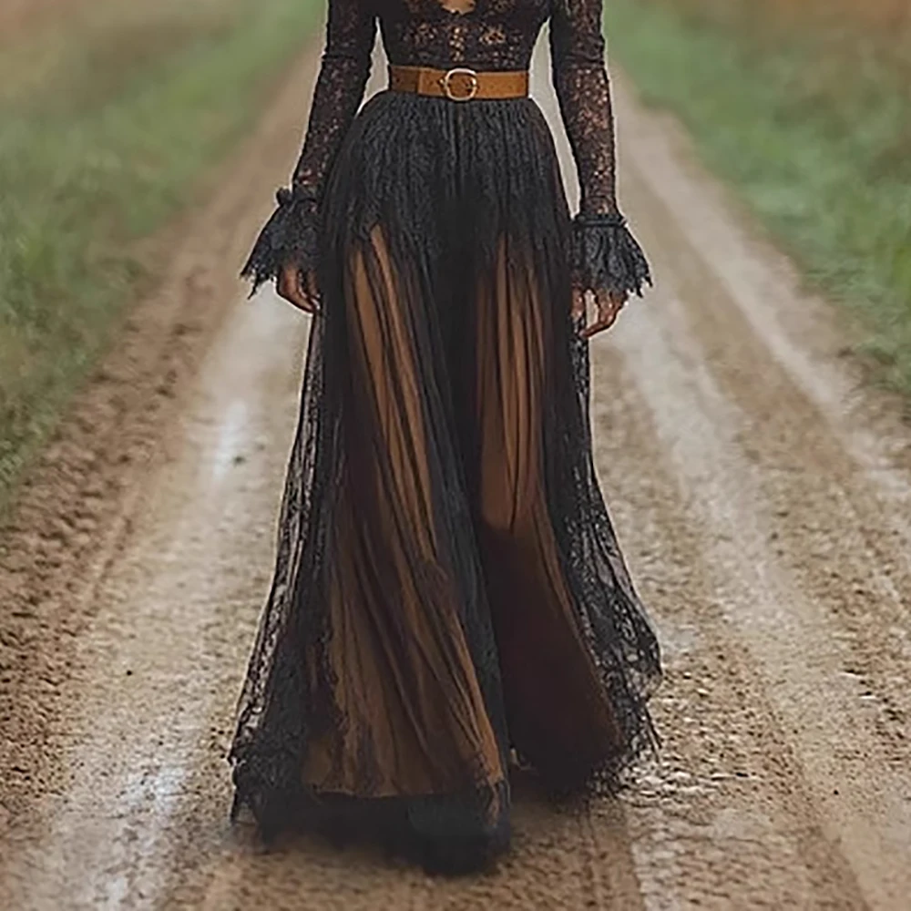 

Bohemia Sexy Lace Trim V-Neck Women Maxi Dress Black Lace Sheer Bell Sleeves Gothic Mesh Ruched Hem Vintage Fashion Long Dresses