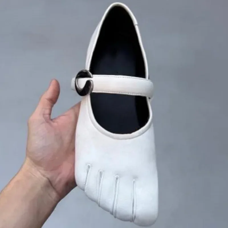 Women Black White Sliver Rhinestone Split Toe Five-Finger Shoes Leather Mary Jane Flats Buckle Strap Ballet Fashion Casual Shoes