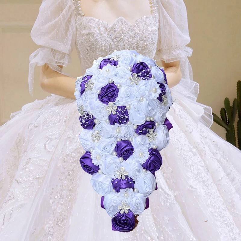 

Luxury Crystal Waterfall Bridal Bouquets Artificial Ivory Satin Roses Flowers Cascading Bouquet Accessories for Bride