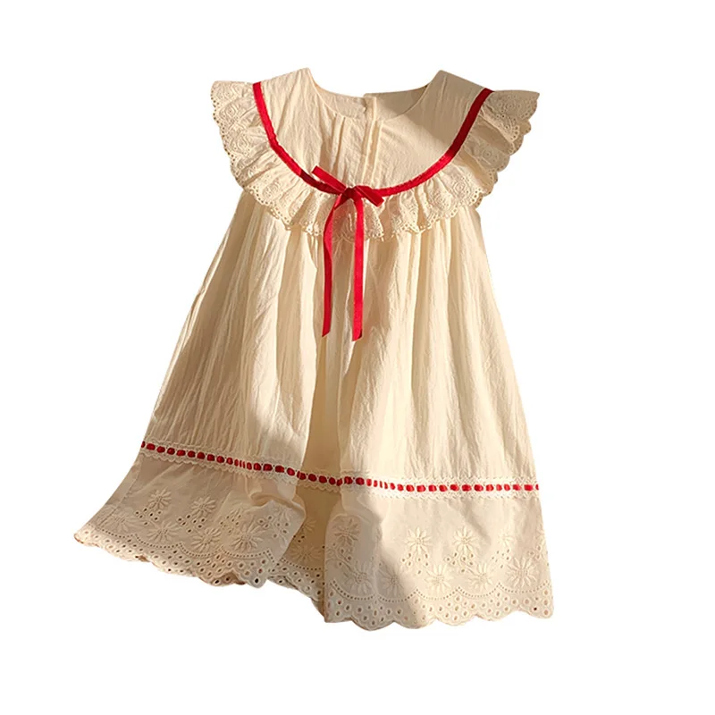 Dress Korean Lace 2025 Summer Round Neck Lace Cute and Sweet Buttful-knot Princess Dress Kids Clothes Girls
