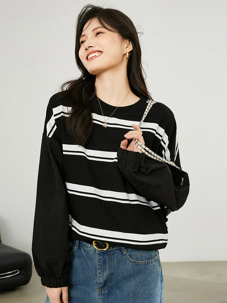 Fashion O-Neck Striped Sweatshirts Oversized Short Tops Spring Autumn Long Sleeve Pullovers Designer Zipper Sleeve Jumper Trendy