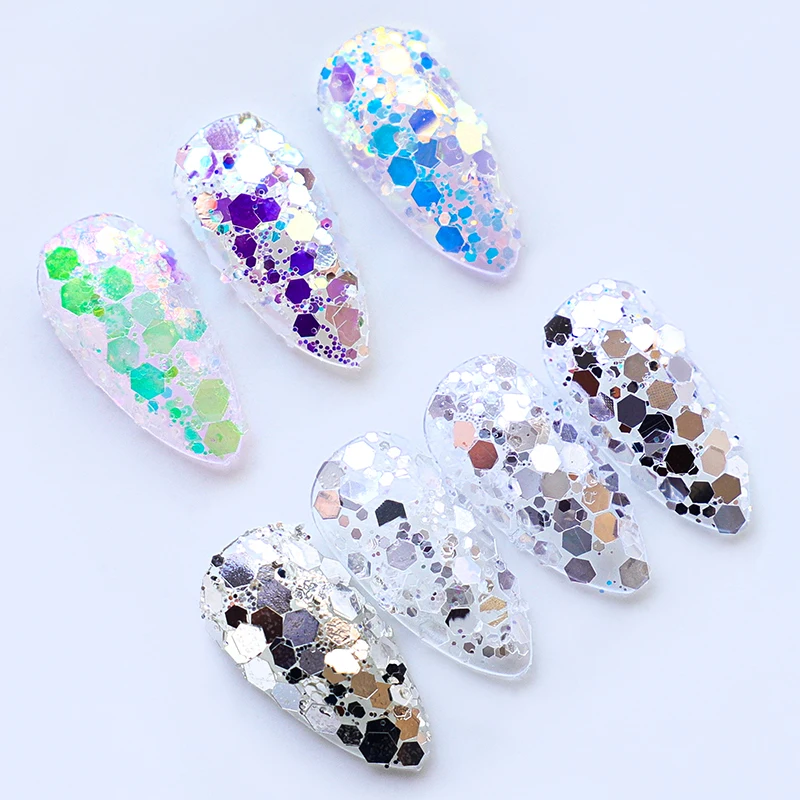 Super Holographic Prata Mixed Nail Art Glitter lantejoulas, Espelho Sparkly, Chunky Flocos, 3D Paillette, Manicure Suprimentos DIY