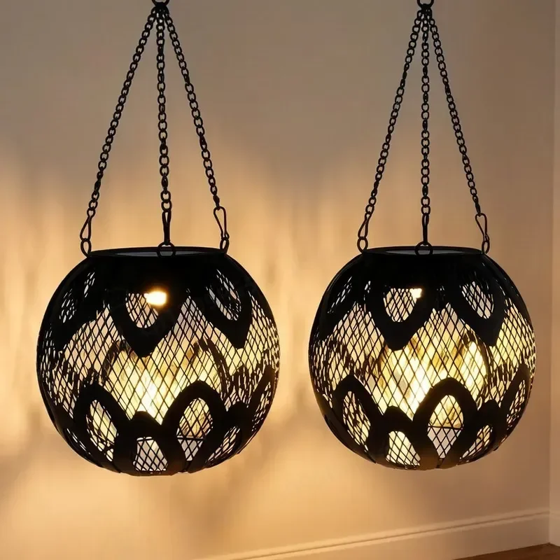 New Hollow Simple Rhombus Solar Lighting Projection Lantern Lawn Outdoor Decoration Hanging Light Waterproof Wrought Iron