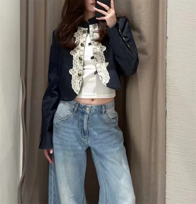 Smvp Women's Jacket 2026 Fall New Arrival Dark Gray Long-Sleeve Lace-Panel Biker Short Jacket Casual Fashion Unique