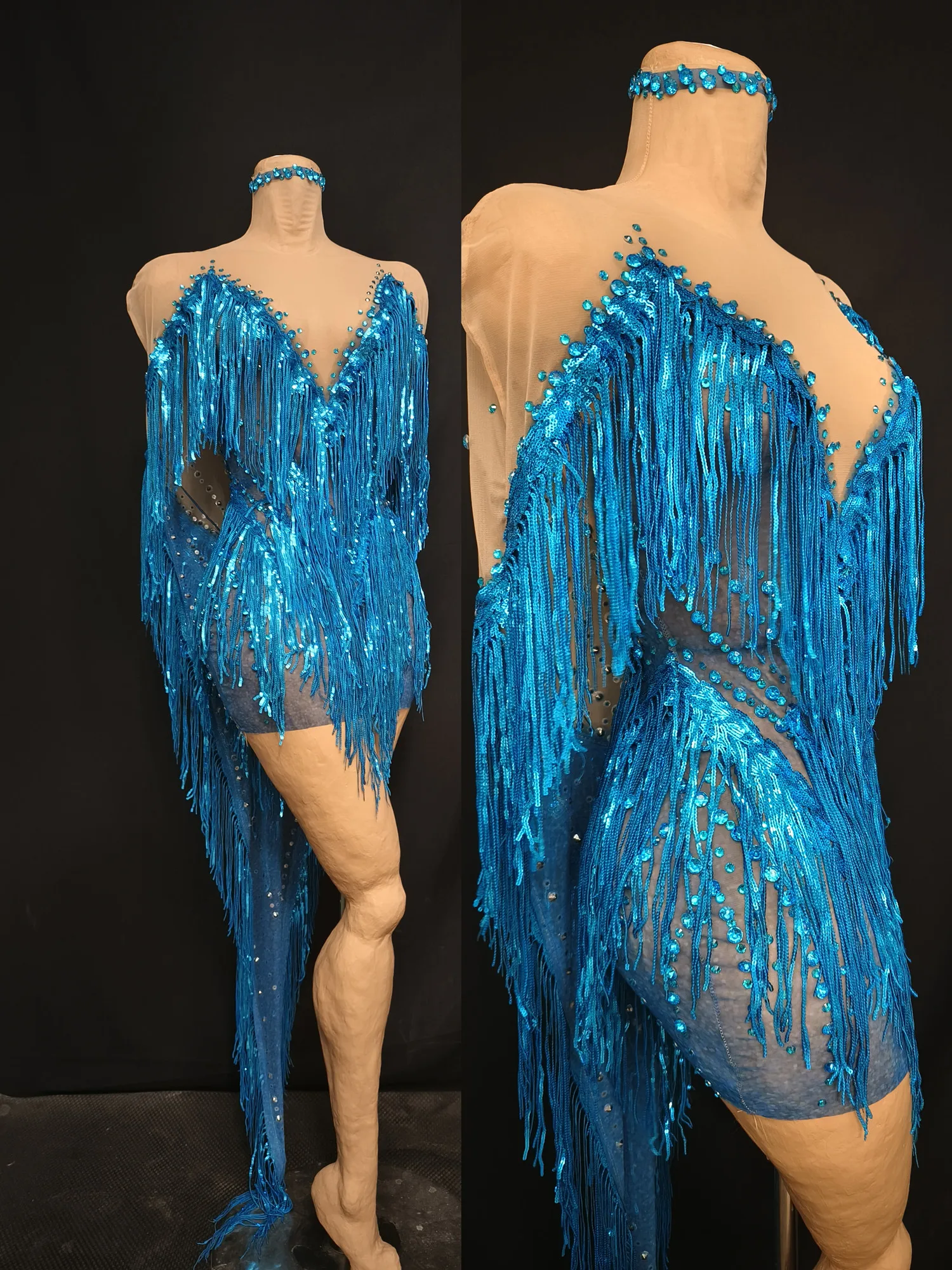 Blue Sequin Rhinestone Tassel Nightclub Party Mini Dress Ladies Cocktail Evening Bodycon Dress Women Dinner Gown Prom Outfit