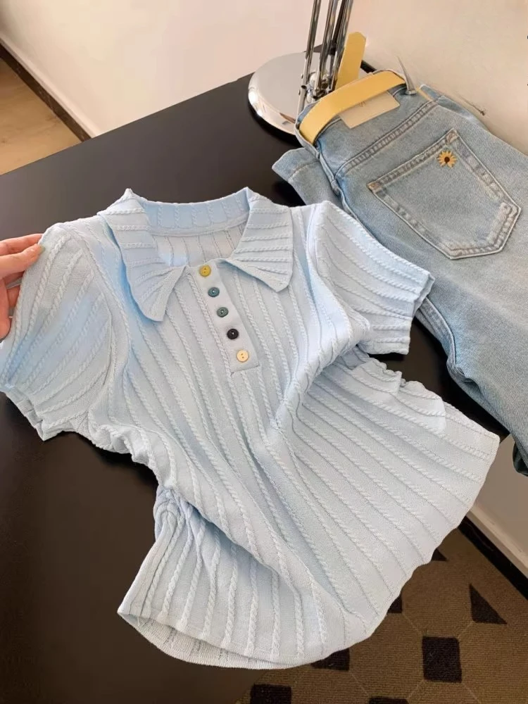 

2025 Summer New T Shirts Solid Color Pleated Design Tees Turn Down Collar Short Sleeve Knit Tops Simple Elegant Women's Clothing