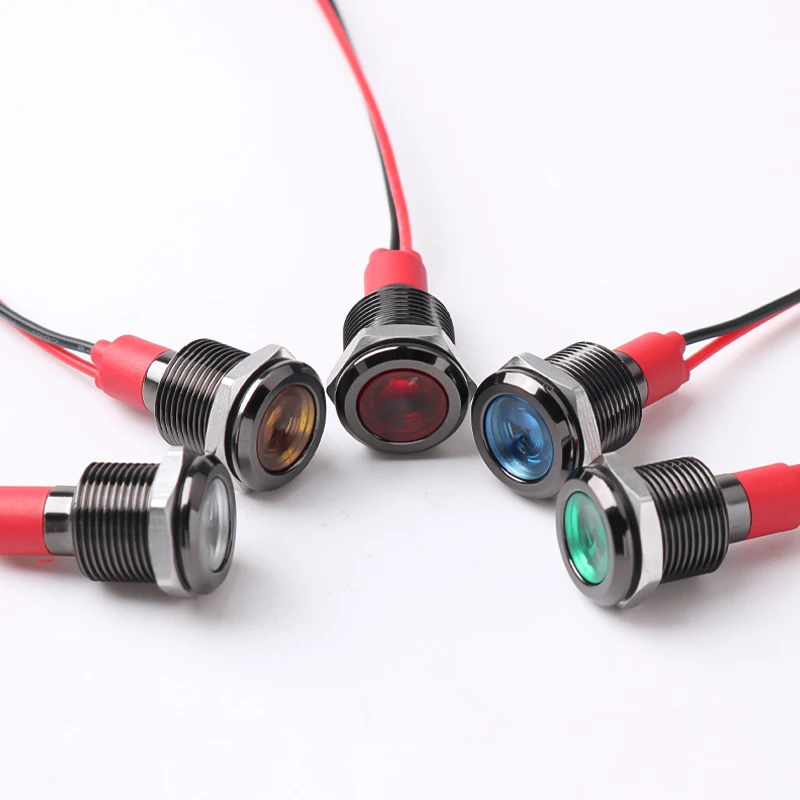 6/8/10/12mm Metal LED Warning Indicator Light IP65 Waterproof Signal Lamp Pilot 3V 5V 12V 220V Oxide Black With Wires Red Blue