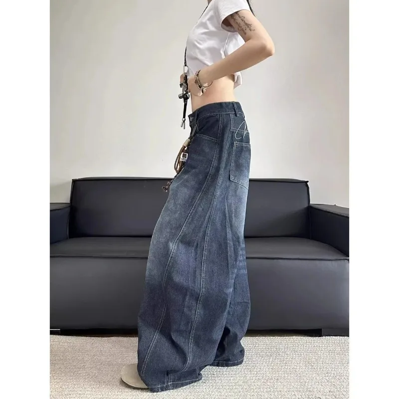 Women's New Fashion Retro Design Backpack Embroidered Wide-leg Jeans Old Washed Gradual Change Loose Drape Scimitar Floor Pants