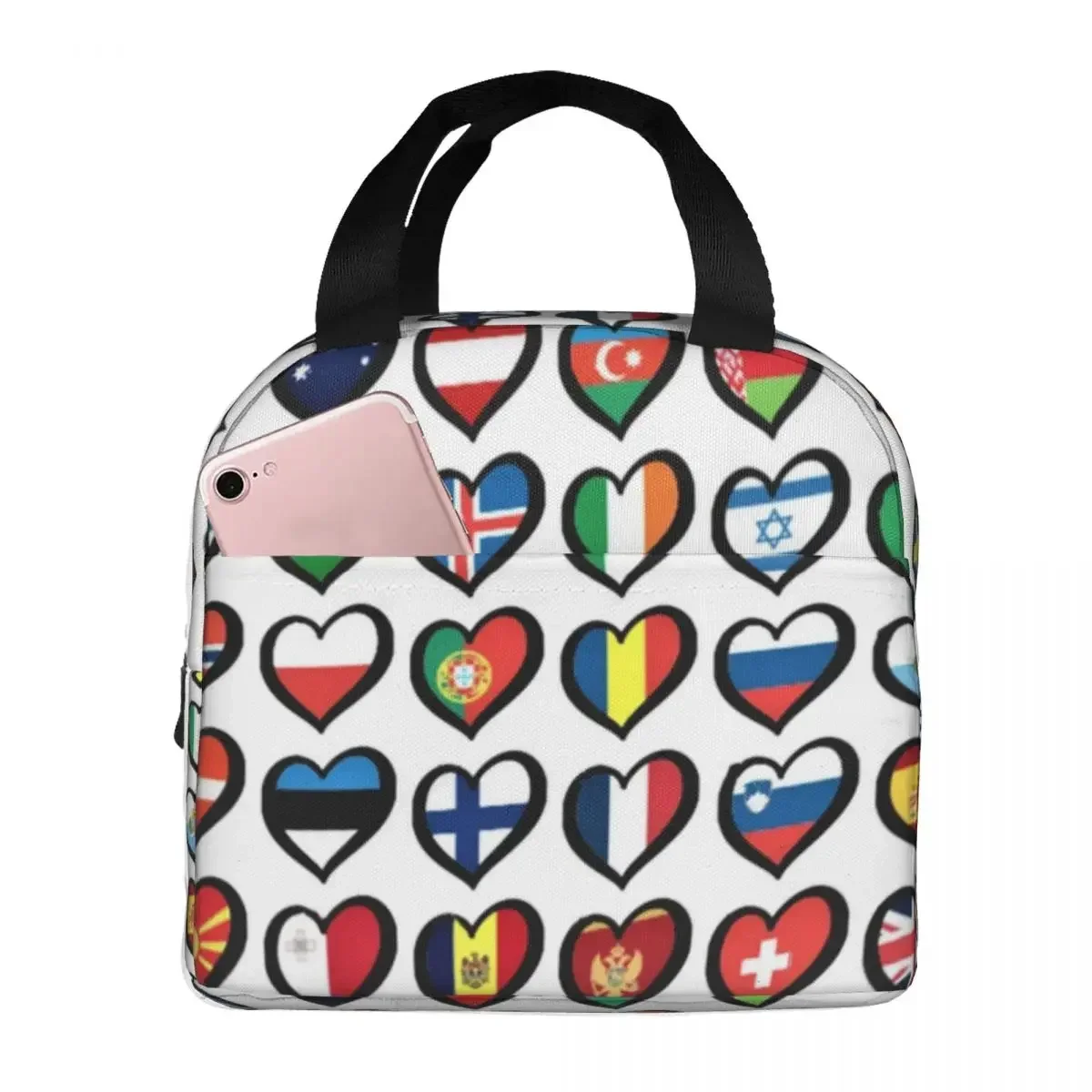 Eurovision Song Contest Flags Hearts Insulated Lunch Bags Picnic Bags Thermal Cooler Lunch Box Lunch Tote for Woman Work Kids