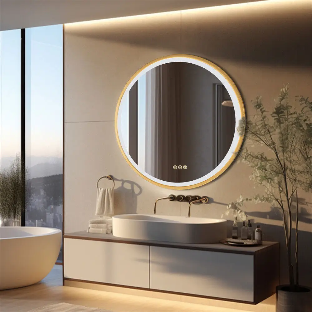 Bathroom Mirror with LED 60/80cm Round Illuminated Wall Mirror Aluminum Gold Frame Anti-fog 3 Lighting Color Memory Function