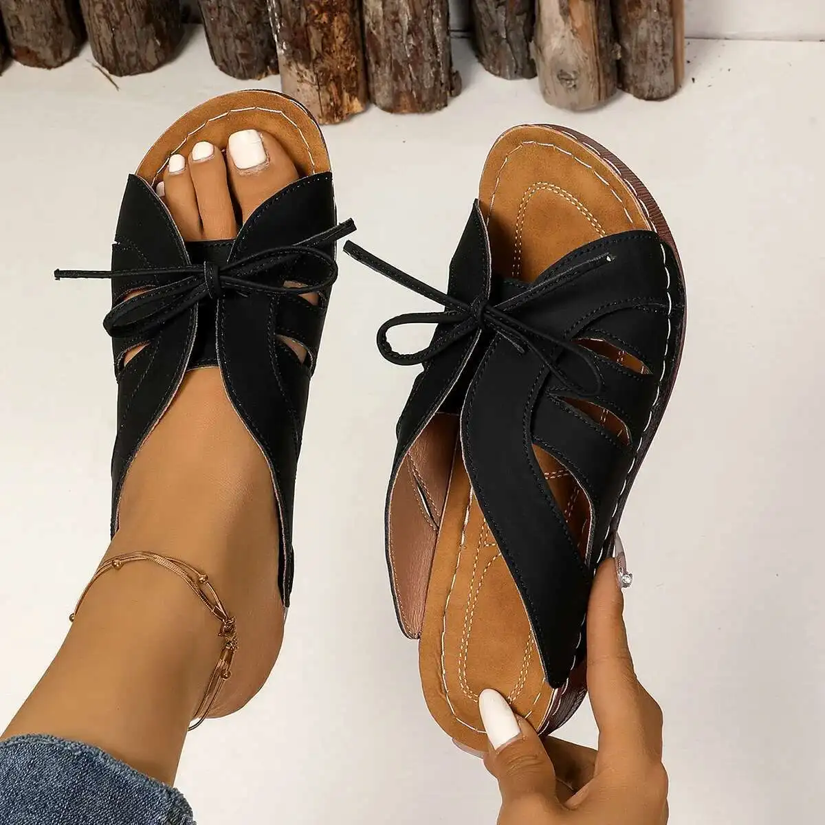 

Новые римские тапочки 2024, женские сандалии на наклонном каблуке, толстой подошве, женские сандалии с бантом-бабочкой, легкие, большие, женские 1