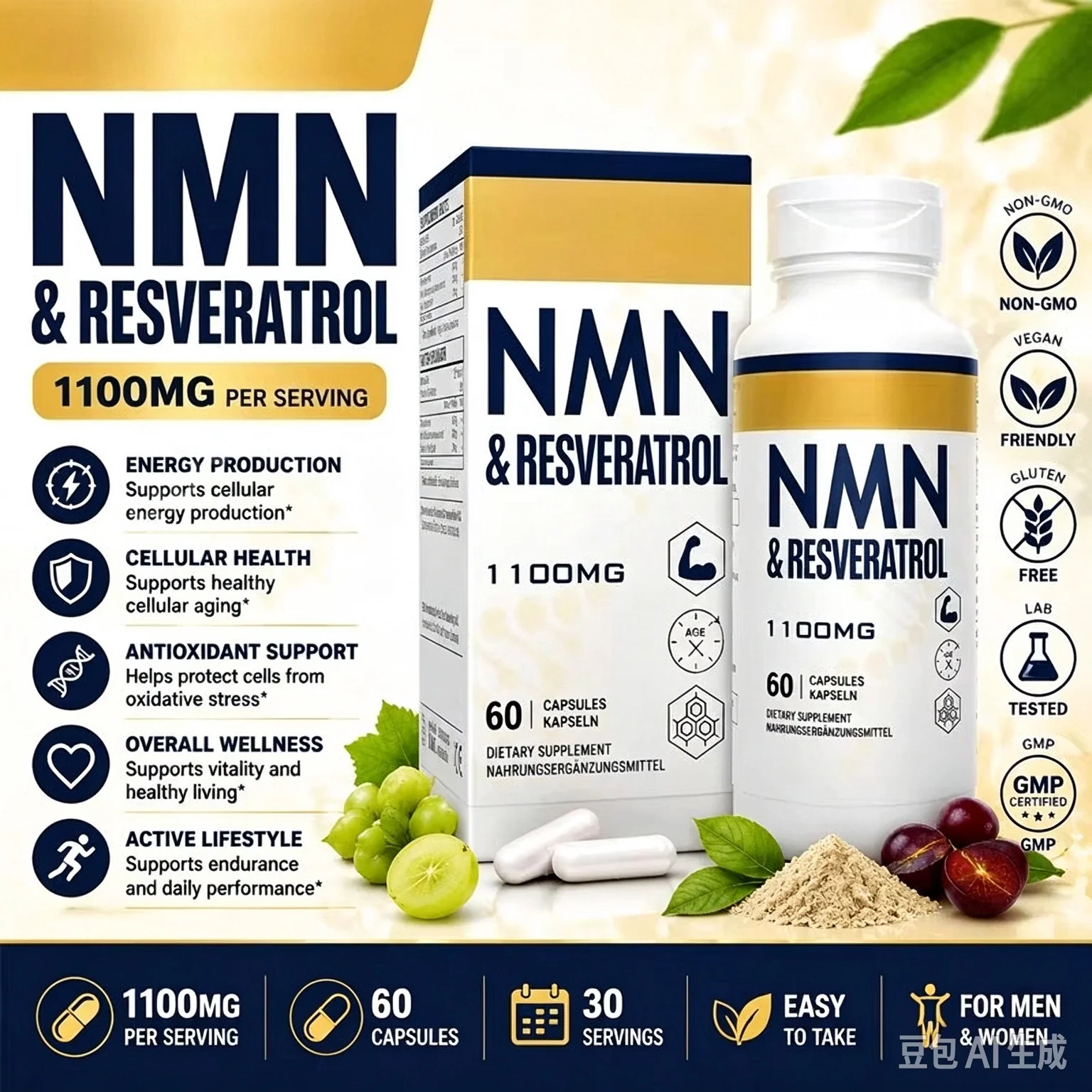 NMN & Resveratrol Capsules Antioxidant Complex Supplement with Black Pepper Extract 1100mg 60 Capsules