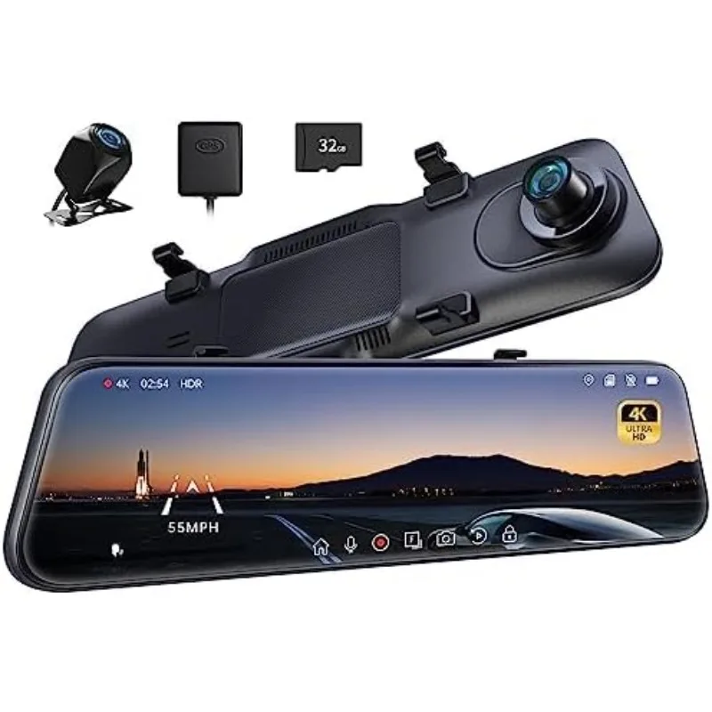 P12 Pro 4K Mirror Dash Cam, 12'' Rear View Mirror Camera Smart Driving Assistant w/ADAS and BSD,2160P Front and Rear