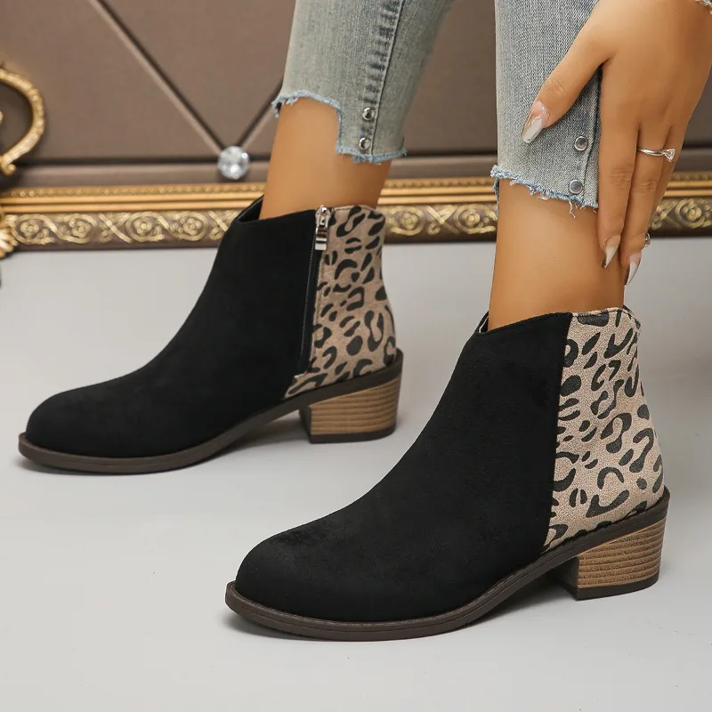 

2025 New Fall-Winter Women's Side Zip Vintage Suede Ankle Boots Casual Suede Boots Leopard Print Low Heel Comfort Women's Boots
