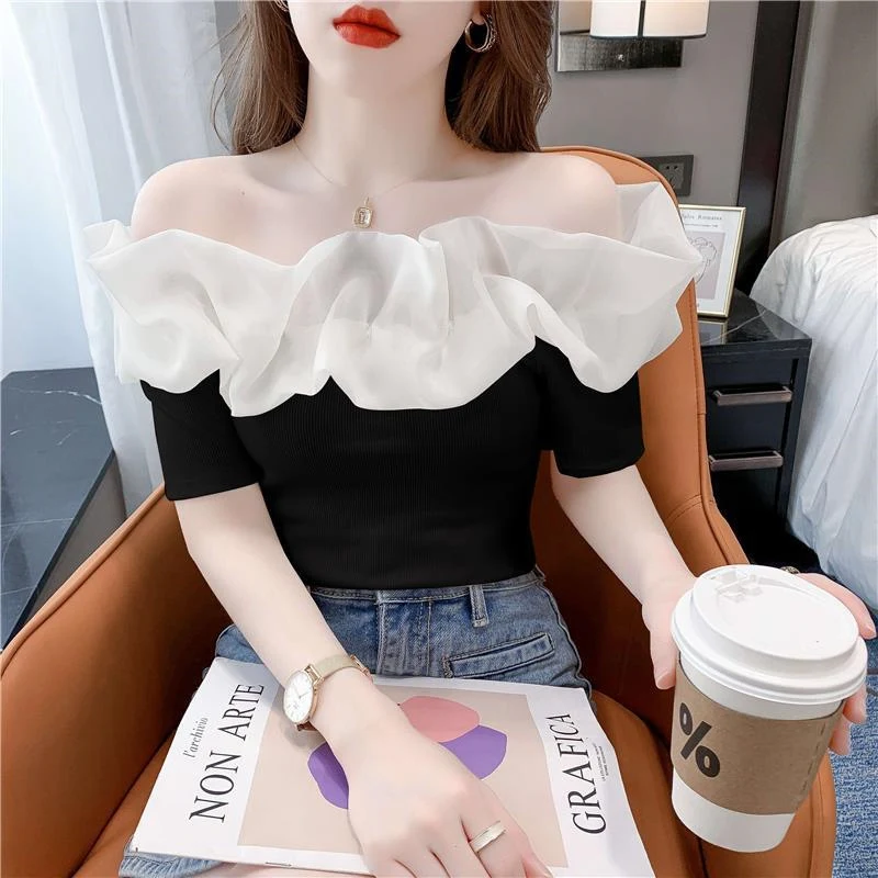 Off Shoulder Sexy Chic Sweet Crop Top Women Summer Fashion Casual Ruffle Patchwork Black White Fairy Kawaii Short Sleeve T Shirt