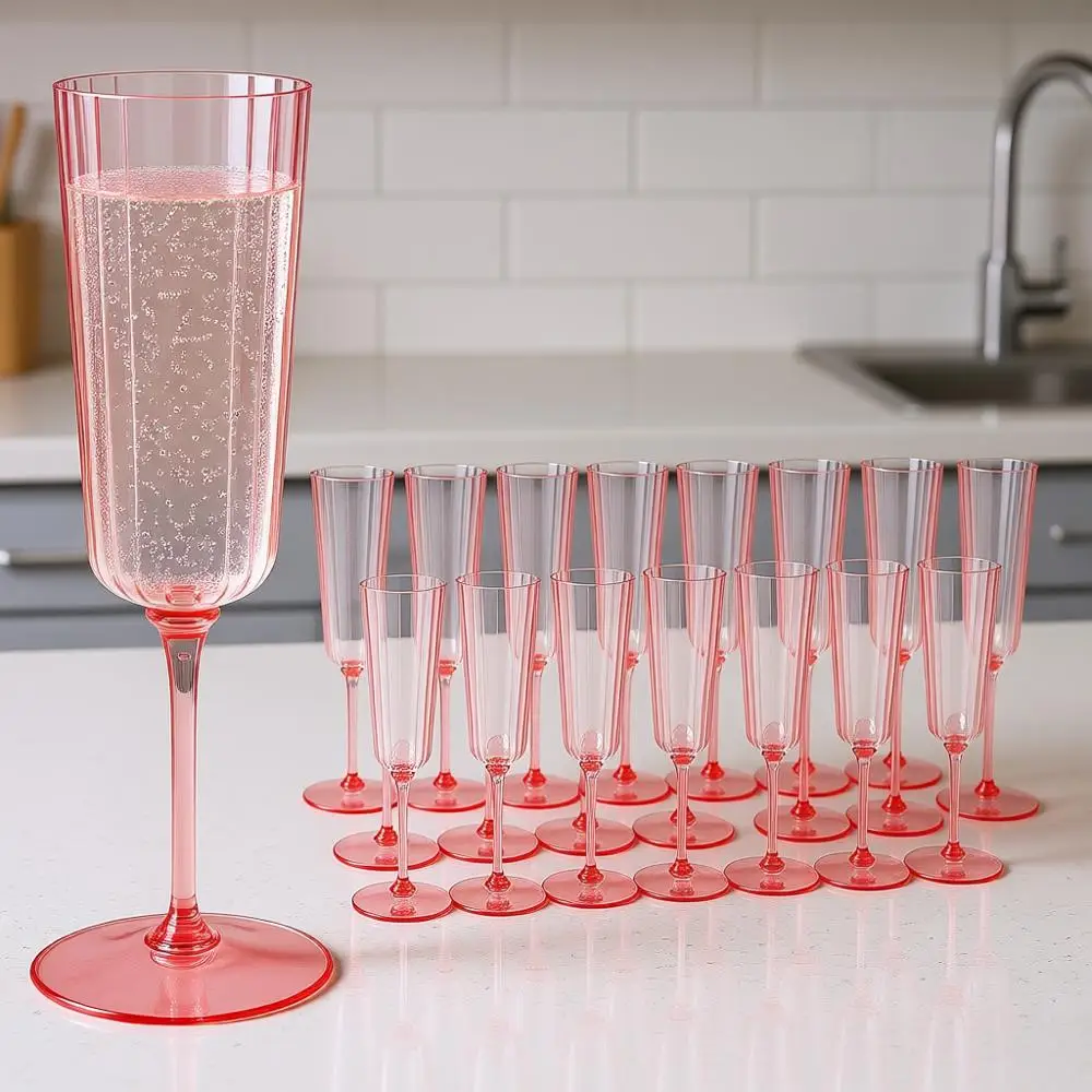 

Plastic Ribbed Champagne Lutes With Stem, 6.4 oz Clear Vintage Disposable Glasses for Wedding Birthday Anniversary (Pink)