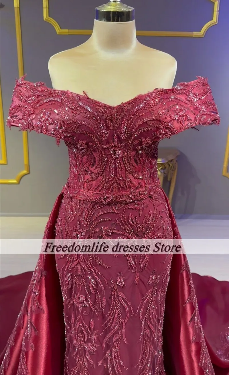 Formal Burgundy Evening Dresses Detachable Train Beading Sequin Arabic Dubai Wedding Party Dress Vestidos De Gala Customized