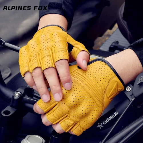 Imagen 2 del producto Guantes perforados de medio dedo para motocicleta para hombre, guantes de cuero para Moto, guantes de carreras transpirables sin dedos, Verano