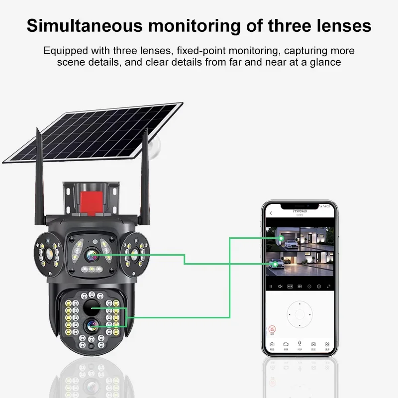 Rscamtom 12MP في الهواء الطلق عدسة مزدوجة شاشة ثلاثية 4G بطاقة Sim كاميرا تعمل بالطاقة الشمسية 10x التكبير كشف الإنسان كاميرا 4G الشمسية