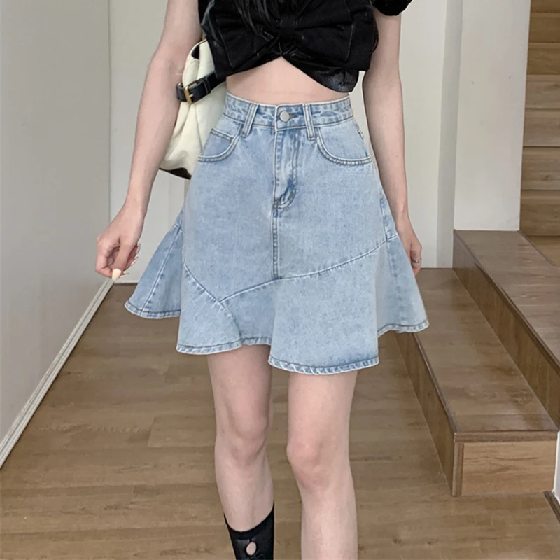 Summer New Solid Color Denim Skirt For Women Oversized 2024 Leisure Loose High Waist Slim Black A-line Wrapped Hip Short Skirts