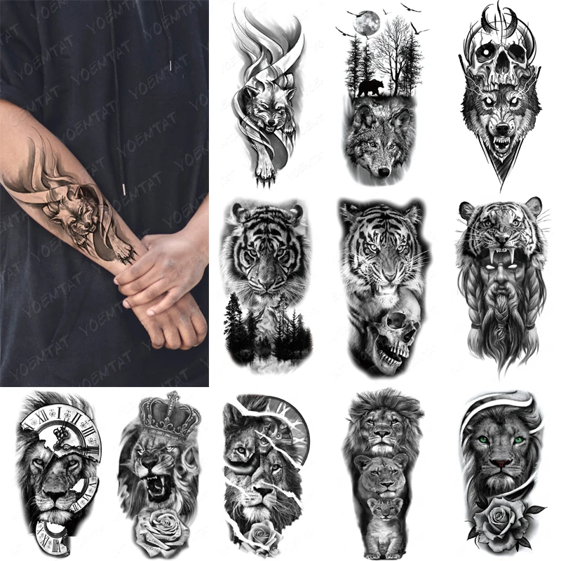 Tatuaje temporal impermeable para hombres y mujeres, pegatina de transferencia Tribal, tatuaje Flash, manga de brazo, arte corporal, tatuajes falsos, Tigre, León, Lobo,tatuaje brazo hombre,pegatinas de tatuaje