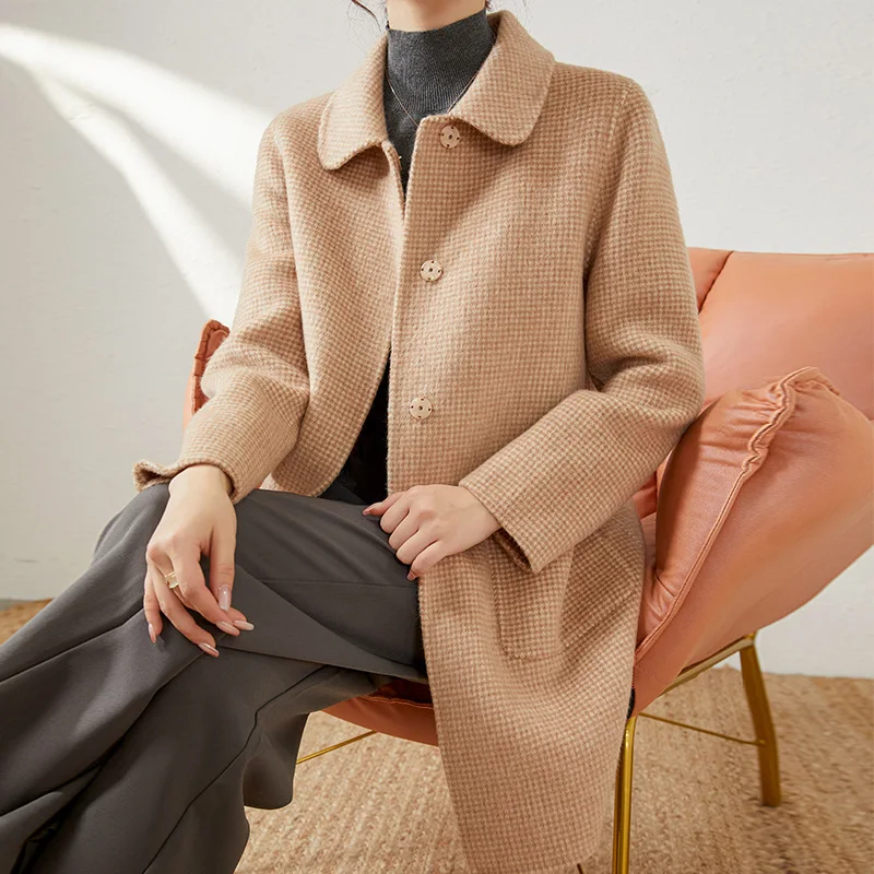 

Autumn and winter high-end French double-sided cashmere coat female slim and thin medium and long wool woolen coat