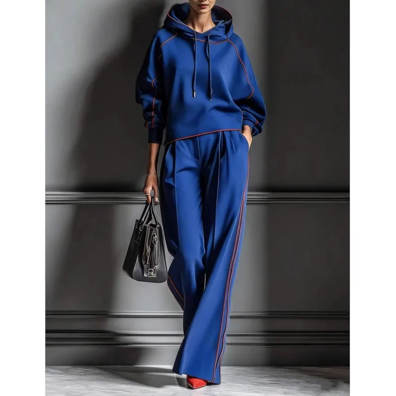 Retro Solid Women's Two-piece Set Fashion Striped Patchwork Hooded Pullover With Wide Leg Pants Suit Ladies Casual Office Outfit