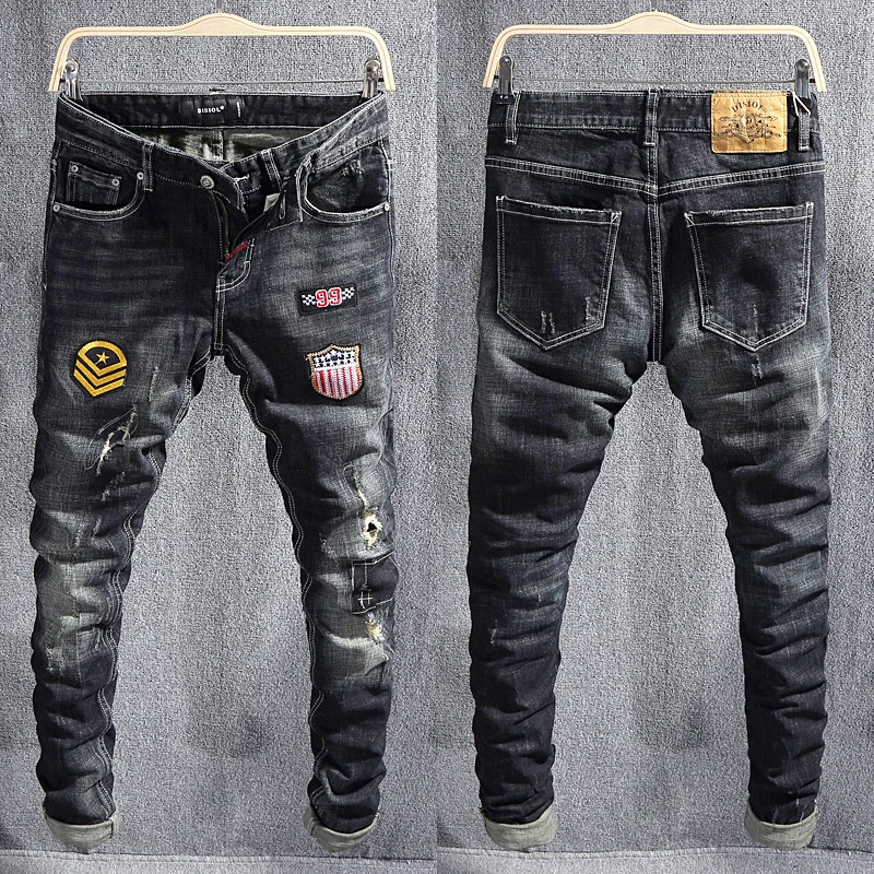 

Street Fashion Men Jeans Retro Black Blue Stretch Slim Fit Ripped Jeans Men Patches Designer Hip Hop Vintage Denim Pants Hombre