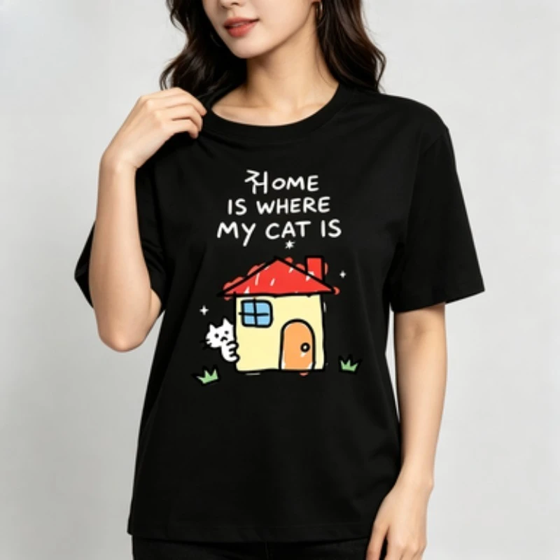 Women Round‑neck T‑Shirt Cute Hand‑drawn House And Cat Graphic Print Casual Aesthetic Streetwear Summer Short‑sleeve Ladies Tops