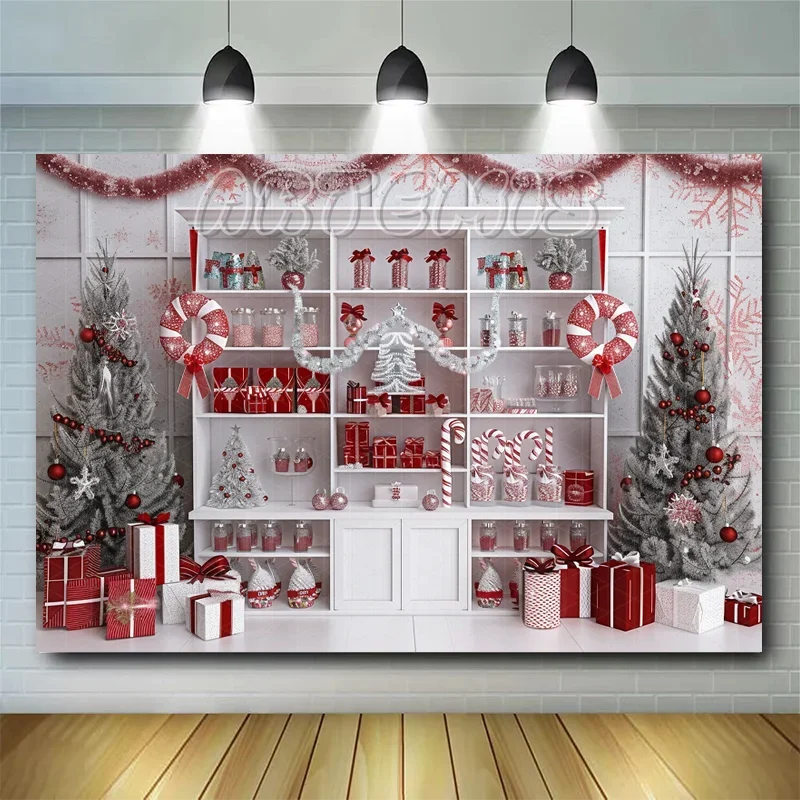 Christmas Themed Candy Store Photography Backdrop Shelves Silver Decoration Candy Canes Chocolate Boxes Background Photo Studio