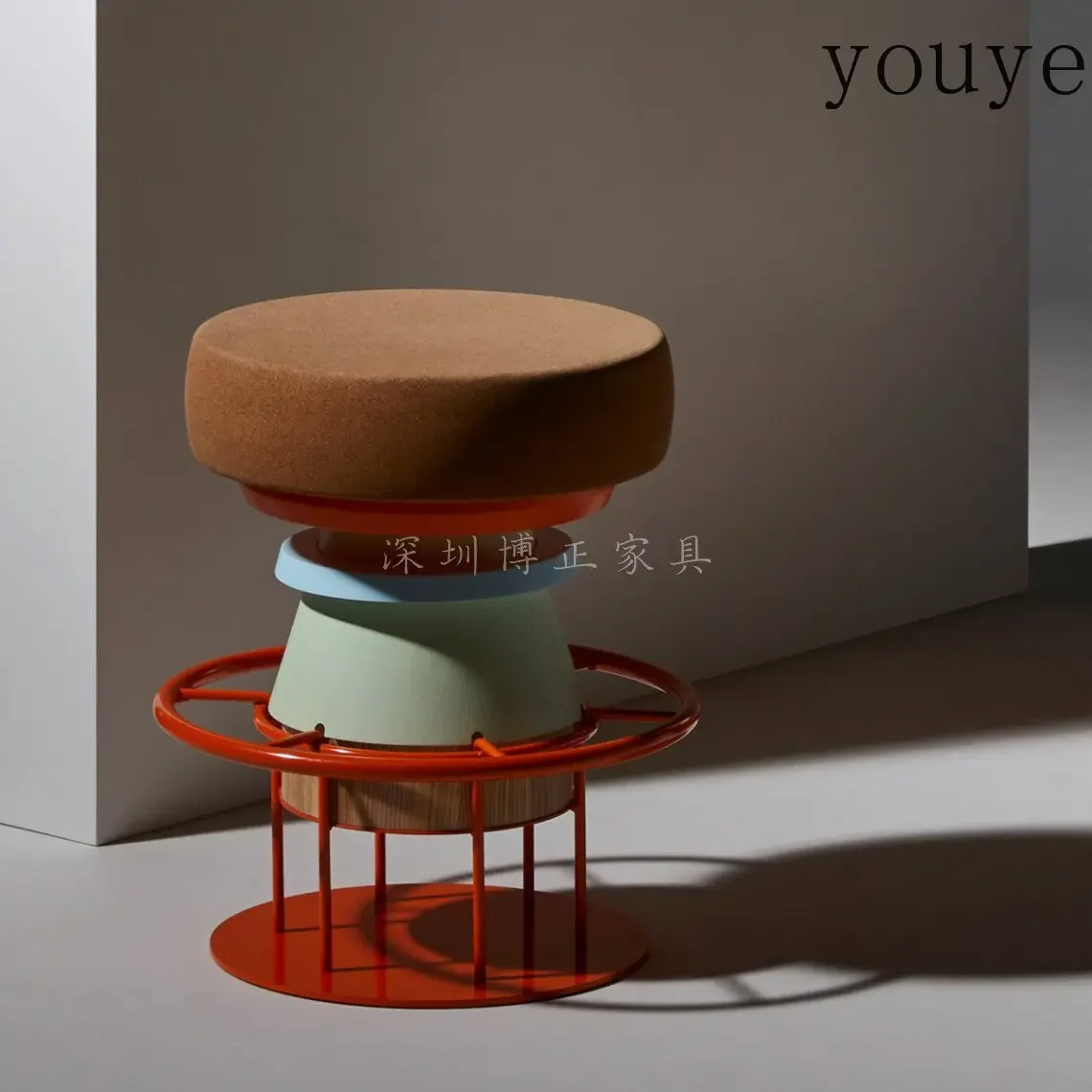 X32 Italian Art Mushroom Stool Light Luxury Model Room Soft Stool Contrasting Color Wrought Iron Solid Wood Edge Few Low Seat St view 4