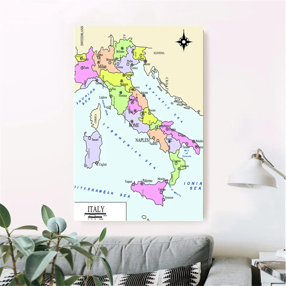 Póster de arte de pared del mapa politico italiano para niños, pintura en lienzo no tejida, impresión en aerosol, decoración del hogar, suministros escolares, 150x225cm