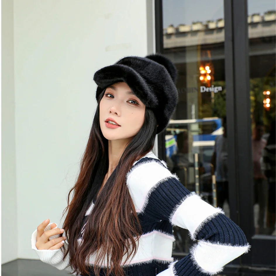 Y2k Fashion Mink Fur Hat Women\'s Winter Thick Warm Faux Mink Fur Cap Knight Hat Fur Duckbill Hat Baseball Cap Trendy Caps Women